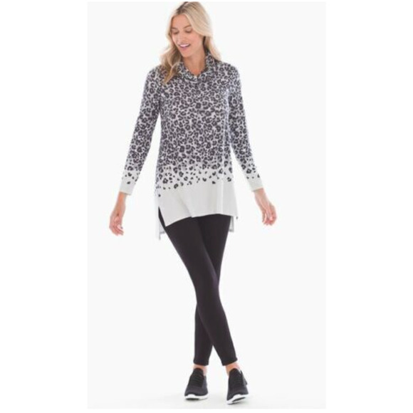 Soma Womens Tunic Top Gray Leopard Print Funnel Neck Soft Jersey ~L - Picture 3 of 5